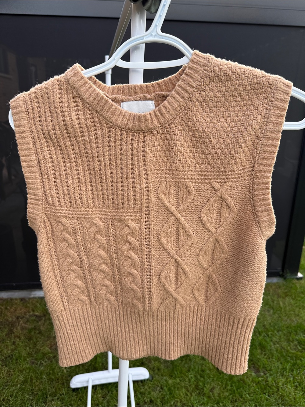 Pink Rose Cable Knit Sleeveless V-Neck Sweater Vest - Camel